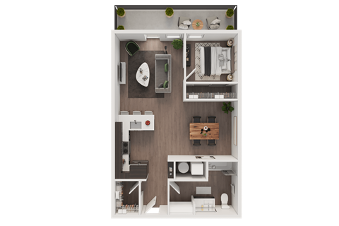 Floor plan for 1 bed, 1 bath, 730 sqft